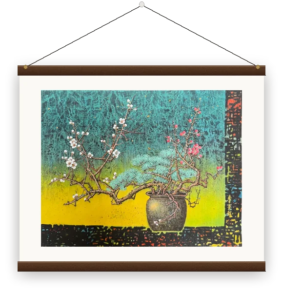 Winter canvas print on solid-wood magnetic rails with a cotton cord — built to the print specification