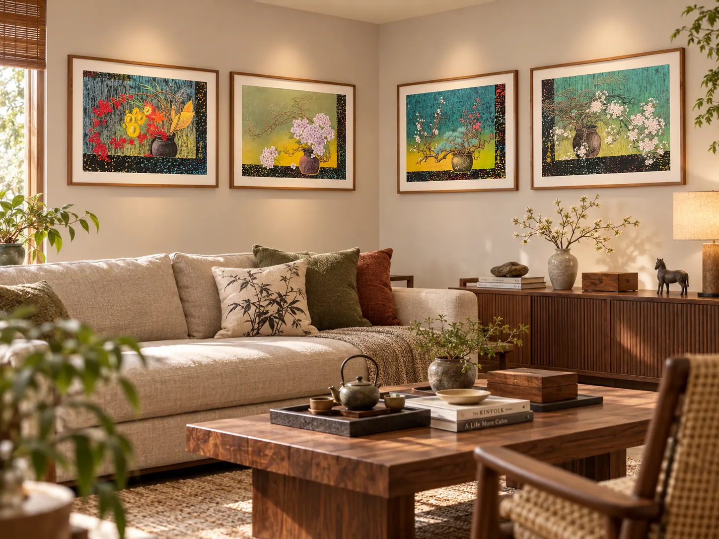 Styling illustration: all four seasonal artworks across two walls of a living-room corner