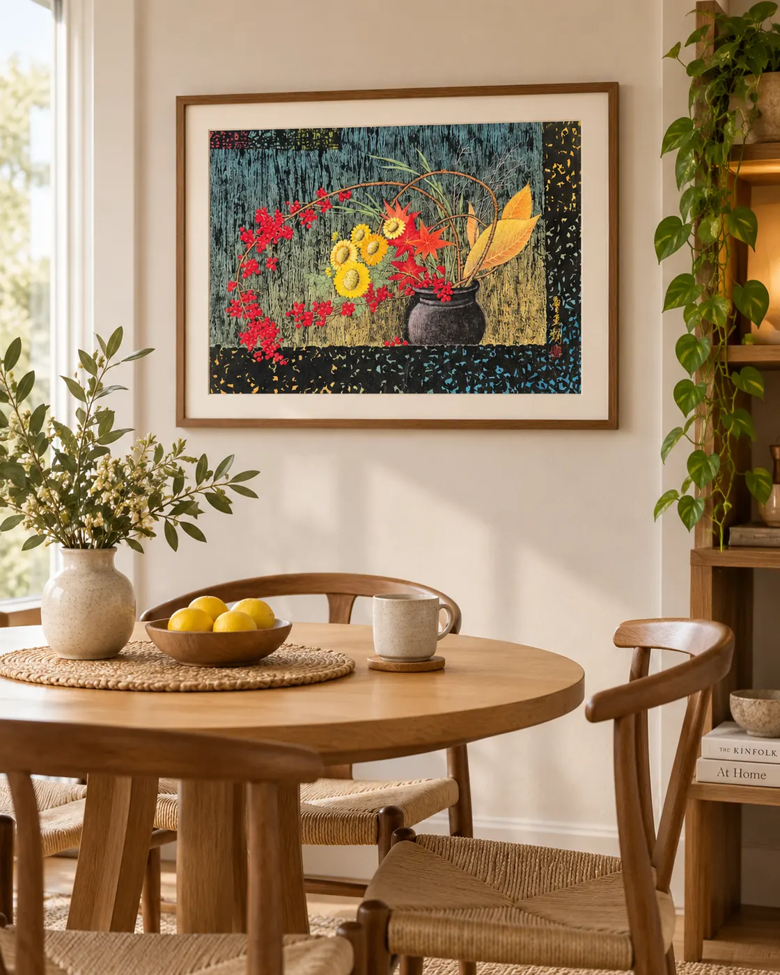 Styling illustration: the Autumn artwork framed in a home dining room