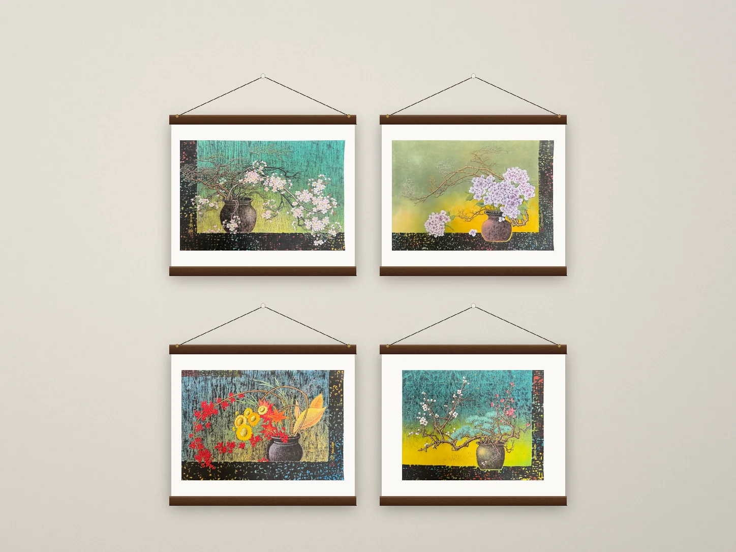 Illustration to specification: the four seasonal prints on wooden rails, two by two