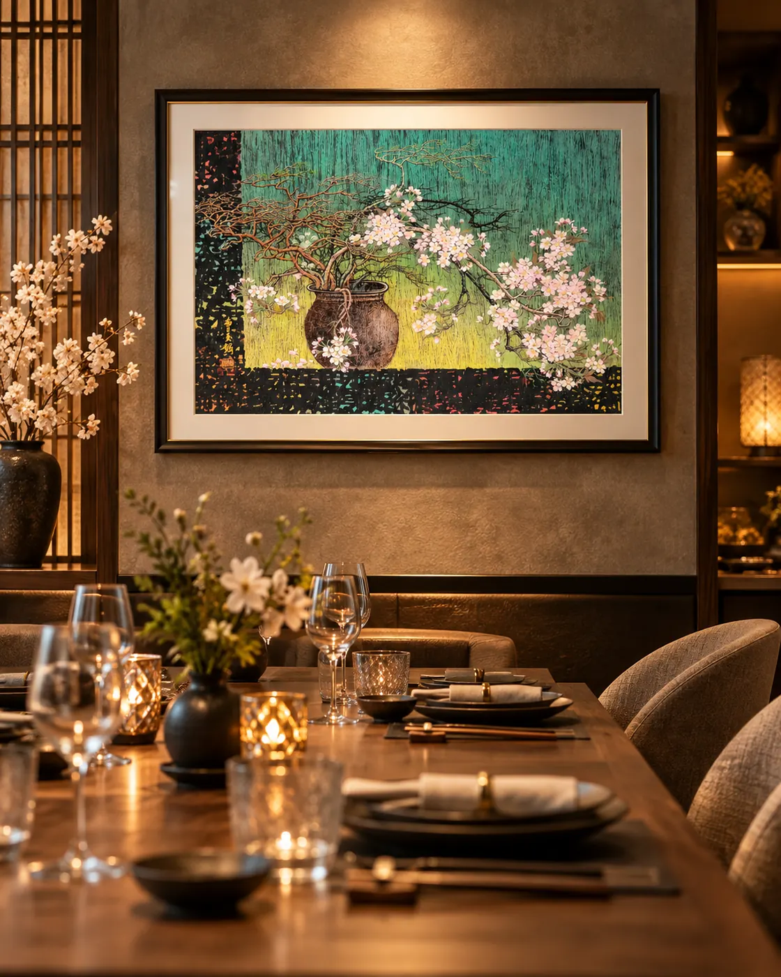 Interior styling illustration: the Spring artwork framed in a restaurant dining room
