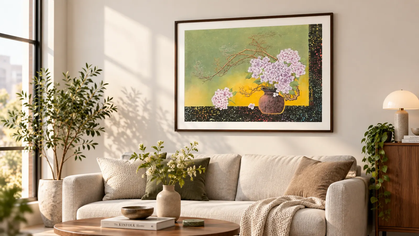 Styling illustration: the Summer artwork framed above a living-room sofa