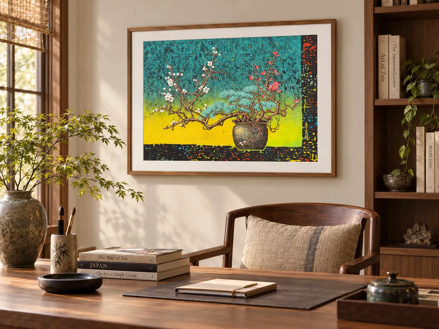 Styling illustration: the Winter artwork framed in a home study