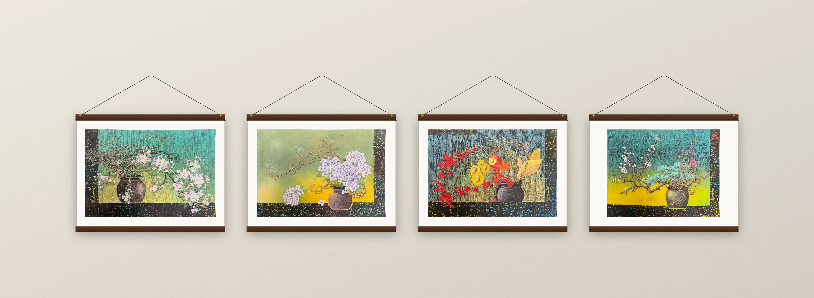 Spring, Summer, Autumn and Winter prints in a row on solid-wood magnetic rails — 50 × 40 cm print size, built to specification