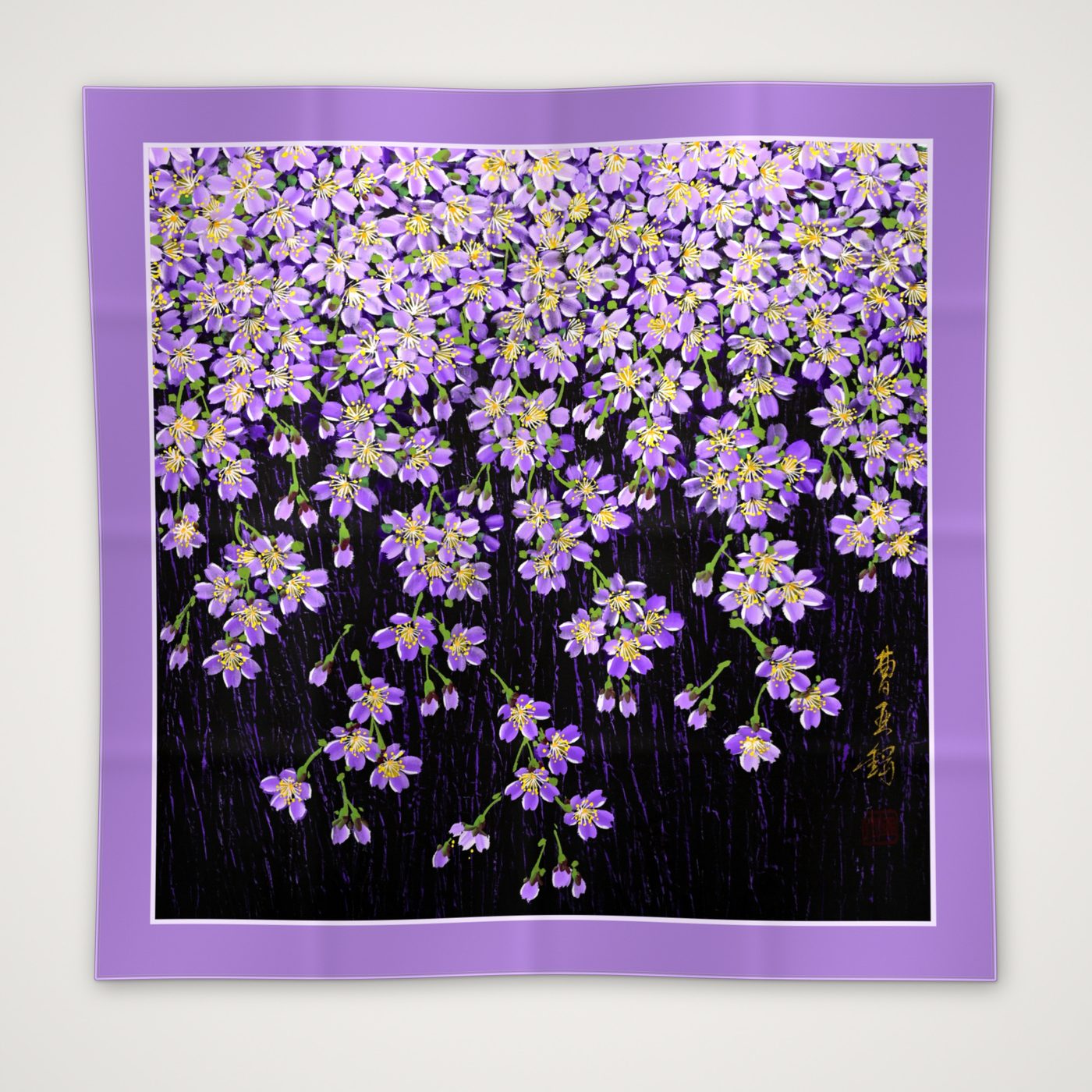 Night Blossom — 90 × 90 cm silk twill scarf with lilac border, flat, built to specification