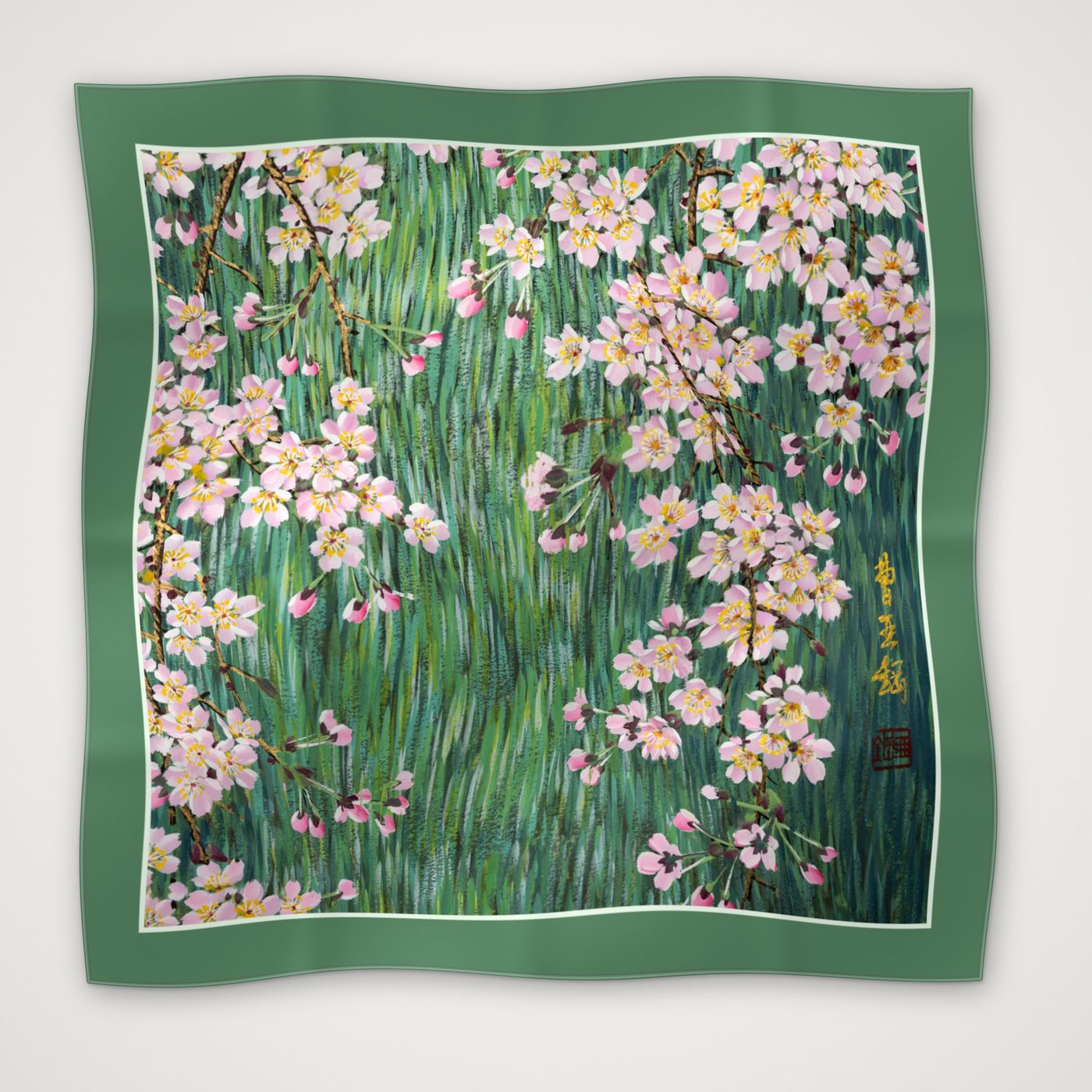 Weeping Cherry, Moss — 70 × 70 cm silk twill scarf, flat, built to specification