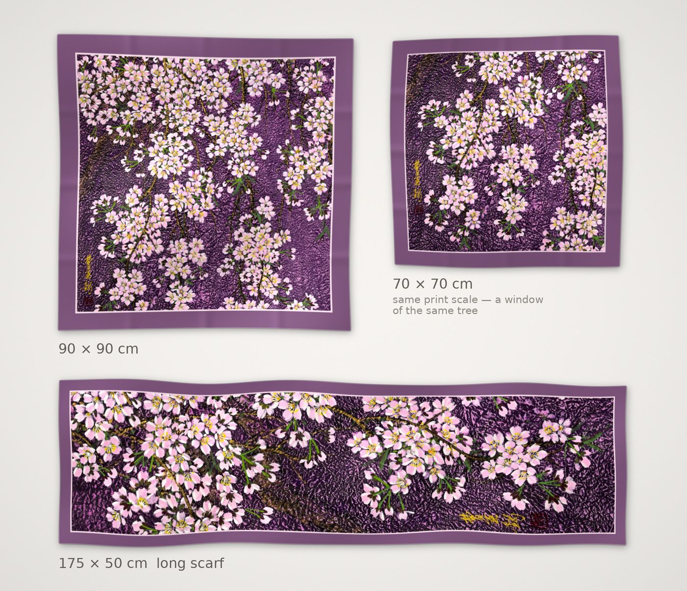 Weeping Cherry, Amethyst in all three sizes to scale: 90 × 90, 70 × 70 and 175 × 50 cm