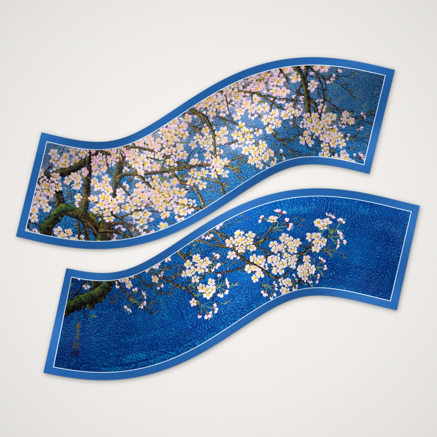 Two Blossom on Lapis long scarves cut from different branches of the same painting, laid together