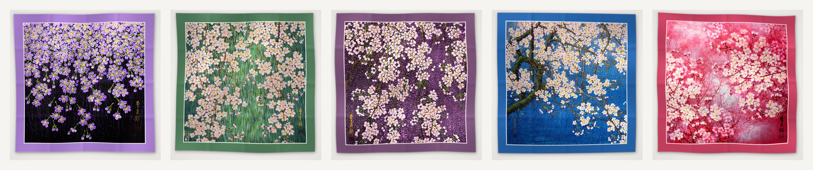 The five cherry blossom silk scarves side by side: Night Blossom, Weeping Cherry Moss, Weeping Cherry Amethyst, Blossom on Lapis and Beni Blossom, 90 × 90 cm