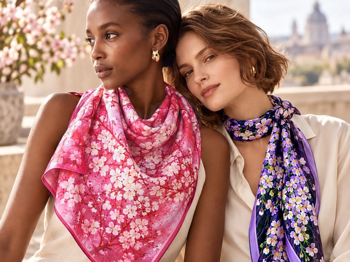 Styling illustration: two women wearing cherry blossom silk scarves — Beni Blossom draped over the shoulders and Night Blossom knotted at the neck
