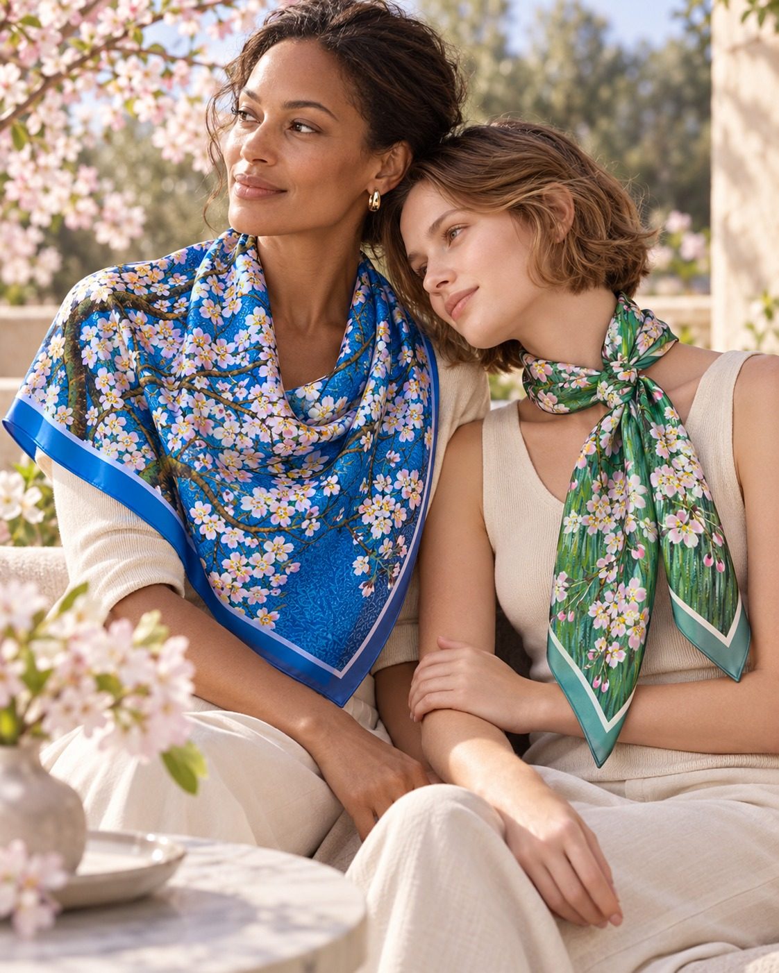 Styling illustration: Blossom on Lapis 90 cm scarf draped over the shoulders and Weeping Cherry, Moss long scarf knotted at the neck