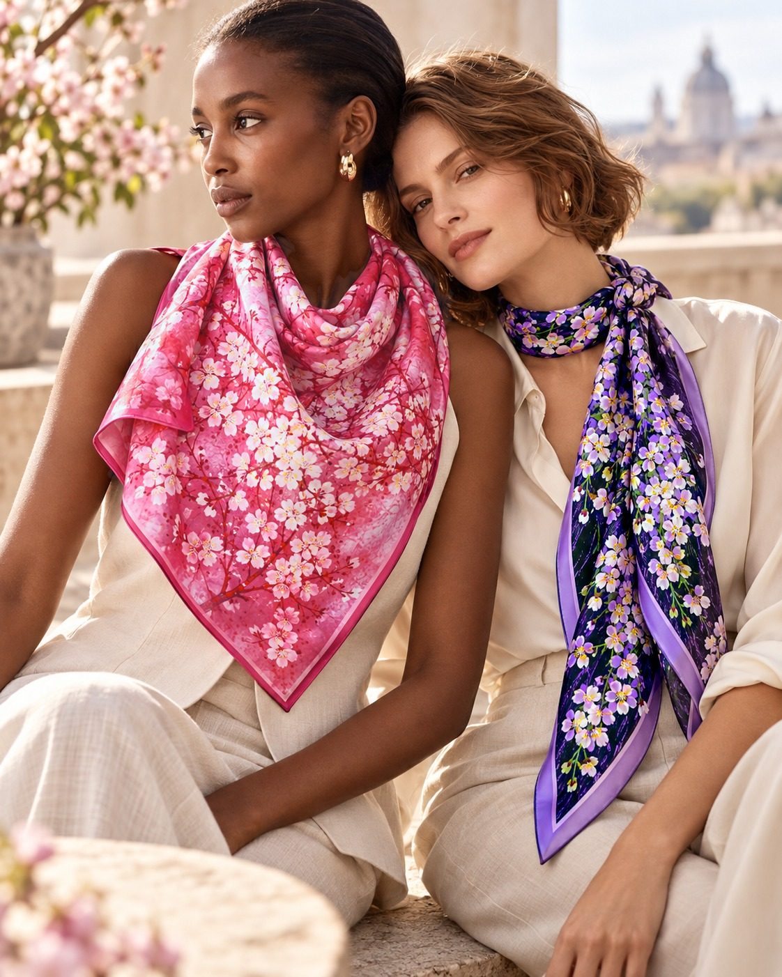 Styling illustration: Beni Blossom 90 cm scarf worn over the shoulders and Night Blossom long scarf tied at the neck
