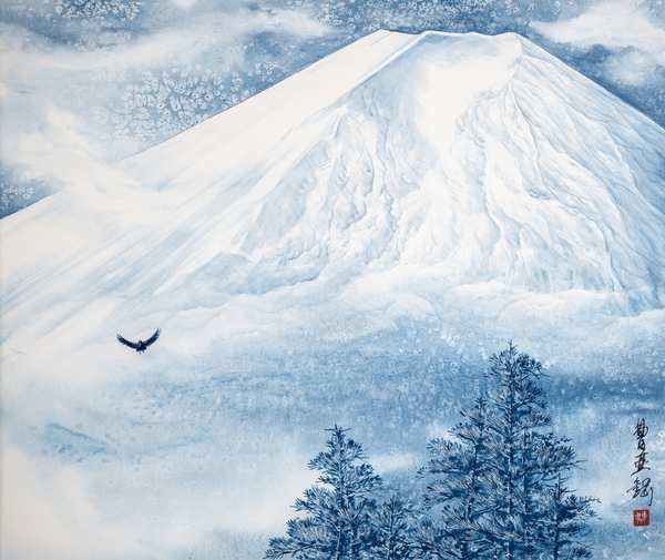The Cobalt Snow Fuji: Wings of Prayer — Japanese ink painting by Sou A Kou